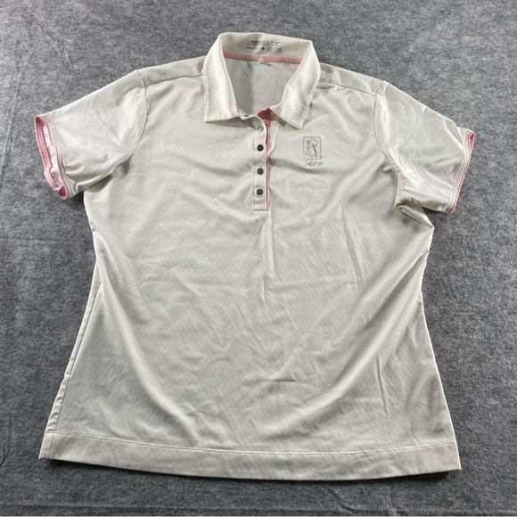 Nike Golf Womans DriFit White/Pink Trim TPC Sawgrass Performance Polo‎ SZ LG - Picture 1 of 11